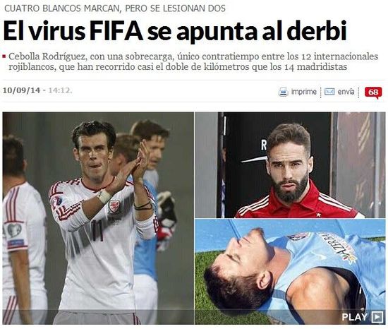 FIFA病毒侵袭马德里德比 皇马2将缺阵马竞欠体