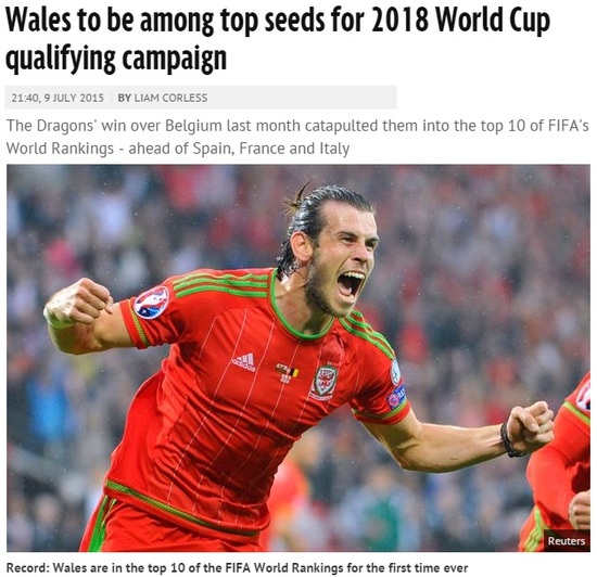 贝尔率威尔士进FIFA榜前十 成2018世界杯种子