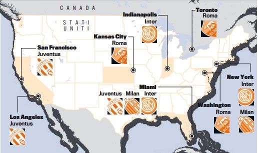 《米兰体育报:意甲四强的美国淘金地图